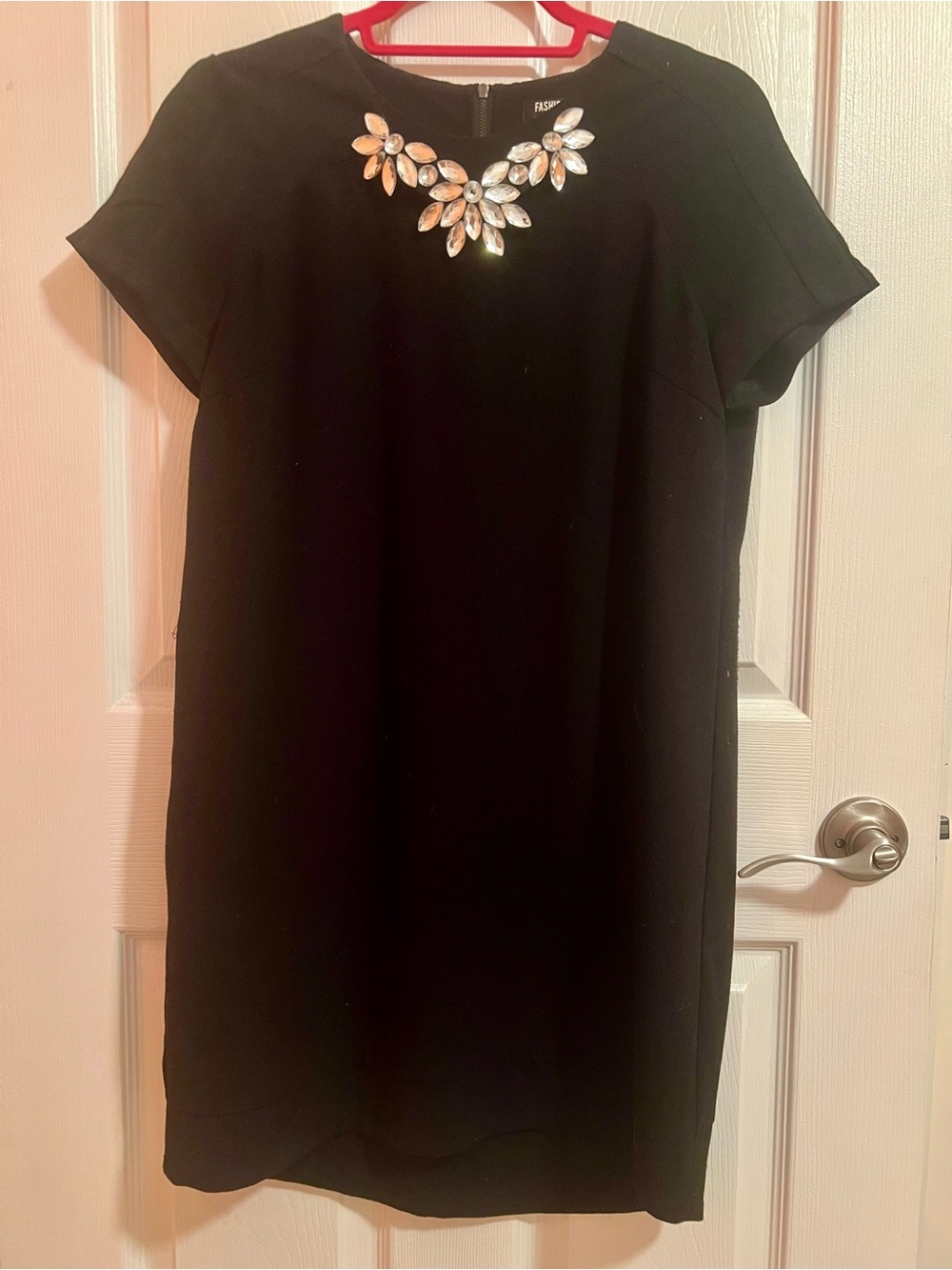 Fashion Union Black Mini Dress with Crystal Necklace Detail